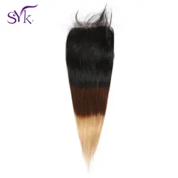 SYK волос прямое, Омбре кружева закрытие бразильский человеческих волос T1B/4/27 волосы 4*4 Кружева Закрытие предварительно Цветной не Волосы remy