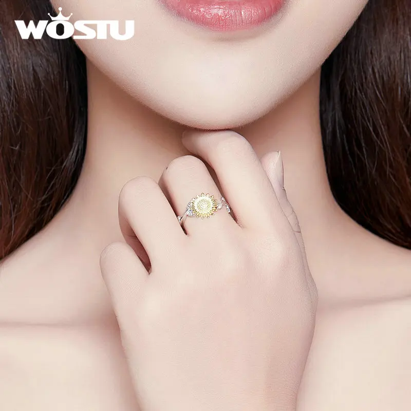 WOSTU, новинка, мода, 925 пробы, серебро, Подсолнух, обручальные кольца для женщин, открывающиеся, регулируемые, цветок, кольца, ювелирное изделие, DXR596