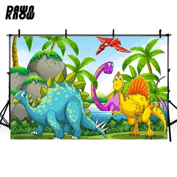

DAWNKNOW Cartoon Dinosaur Vinyl Photography Background For Baby Coconut Tree Photo Shoot Backdrop For Wedding Photo Studio lv570