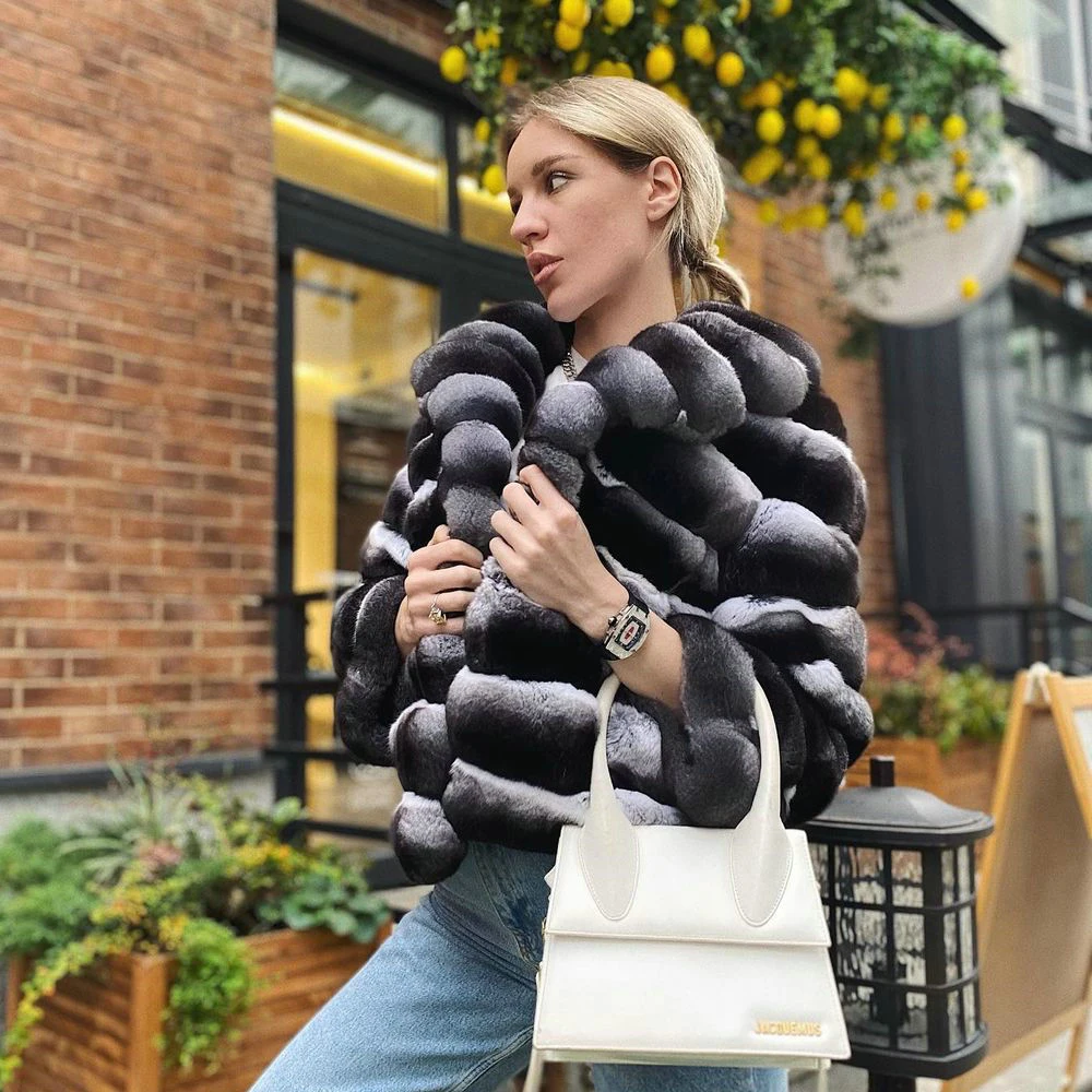 Fashion Short Natural Rex Rabbit Fur Jacket Turn-down Collar New Chinchilla Color Genuine Rex Rabbit Fur Coats Female Overcoats