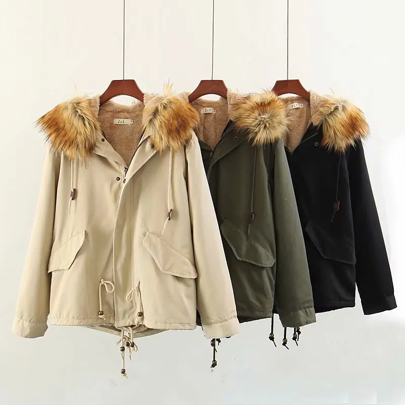 

New Style Europe And America Large Size Berber Fleece Mid-length Ultra Large Fur Collar Washed Cotton Deconstructable Inner Wear