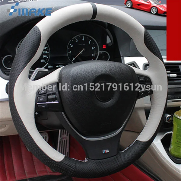 

For BMW 535Li High Quality Hand-stitched Anti-Slip White Black Leather White Thread DIY Steering Wheel Cover