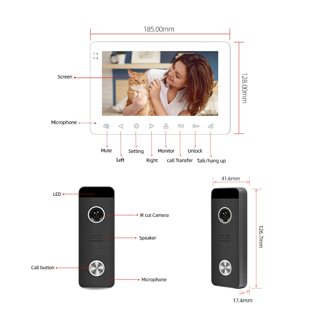 Joytimer 1200TVL Video Door Phone System for Home Wide Angle Doorbell 7 Inch Wide-Angle Camera With Night Vision door station