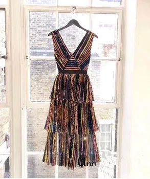 

dress summer woman 2020 New arrive metallic sequin sexy deep V-neck maxi dress corte v elegant casual striped party dress