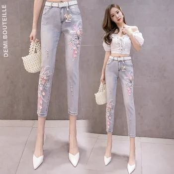 

2020 Season Embroidery Flowers Gao Waist Elastic Force Slim Nine Points Pants Jeans Women's Wear Feet Pants