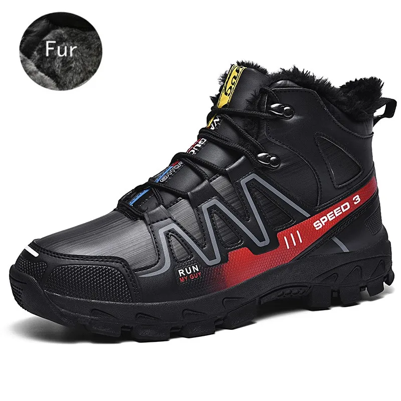 black red 9723 fur Зимняя мужская обувь г. Ботильоны Мужская модная повседневная обувь Мужская Уличная водонепроницаемая Спортивная обувь Мужская обувь размера плюс 39-47 - Цвет: black red 9723 fur