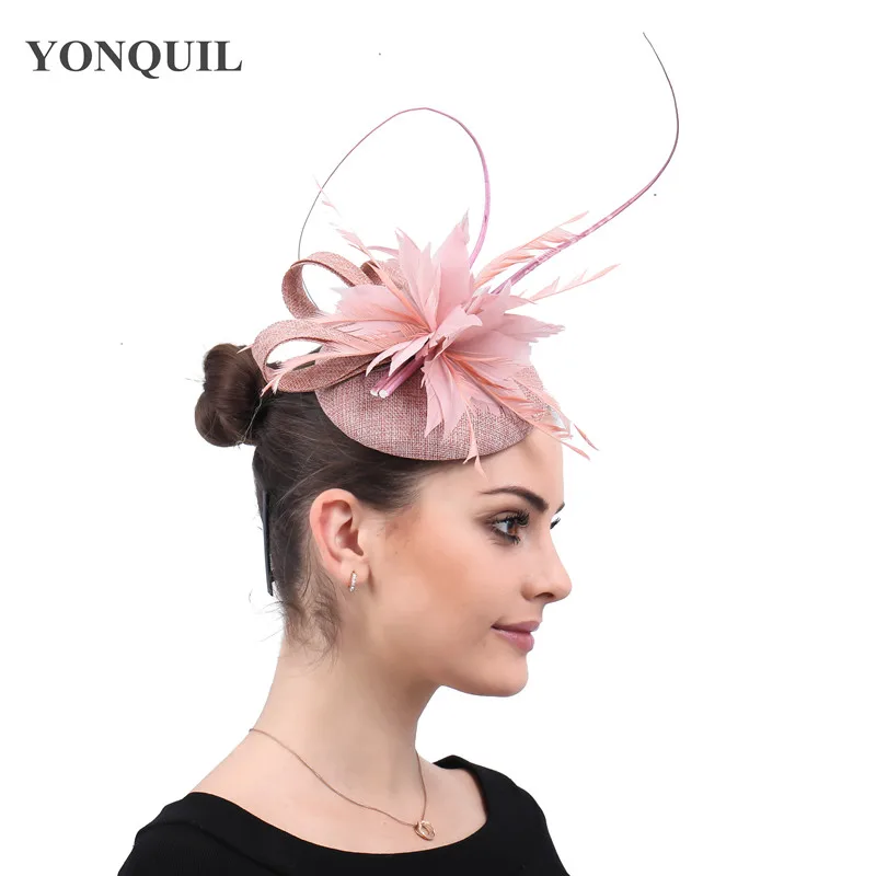 Персик свадьбы модное перо аксессуары Fascinator заколки для волос женская церковная фетровая шляпа шапки женские гонки чай Дерби головной убор повязка на голову