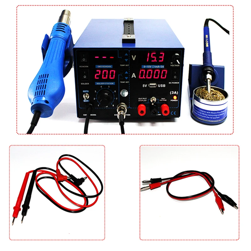 

3 In 1 DC Power Supply Hot Air Gun Soldering Iron Rework Solder Station 853D Welding Repair 220V