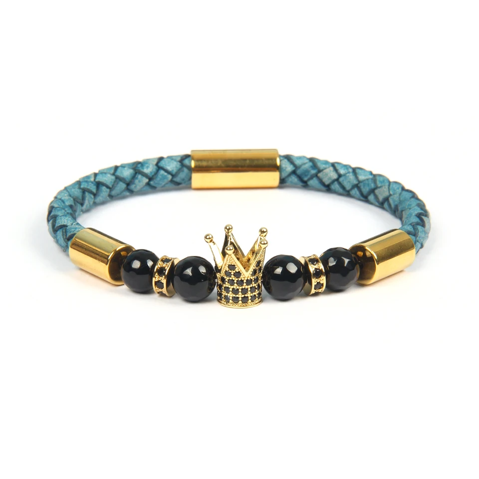 Ailatu Men's New Cz Crown Bracelet Genuine Blue Cowhide Leather Stainless steel Gold Beads Magnetic Clasp Vintage Male Bangle - Окраска металла: Gold