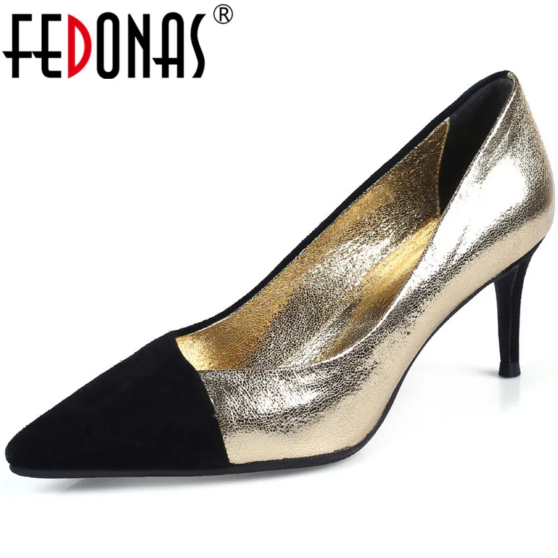 FEDONAS Sexy Mixed Colors Genuine Leather Women'S Summer Shoes Pointed Toe High Heels Pumps 2020 Fas