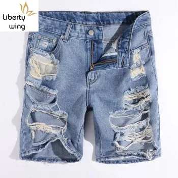 

Summer Men Shorts Big Hole Ripped Homme Short Jeans Classic Korean Casual Denim Beachwear Cotton Trousers Free Shipping