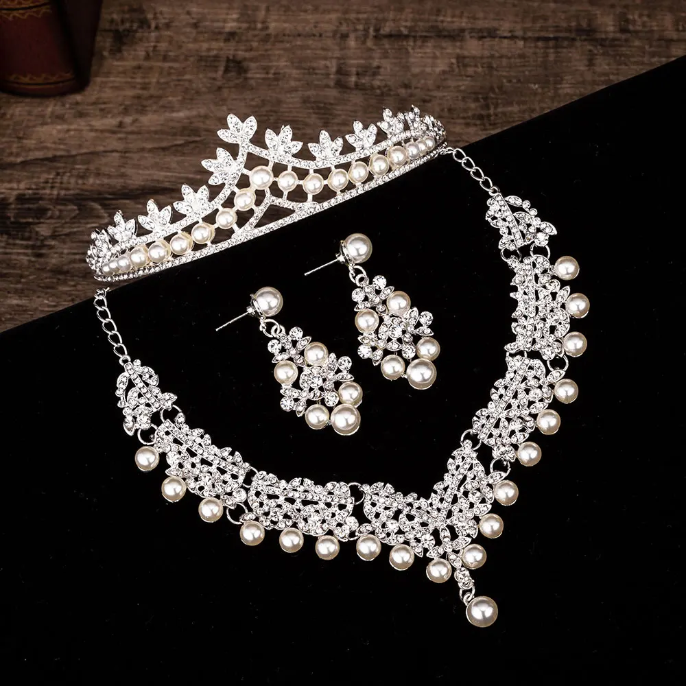 KMVEXO 3 шт. великолепные жемчужные свадебные комплекты ювелирных изделий для невесты женский костюм невесты Кристальные Тиары Корона ожерелье серьги наборы