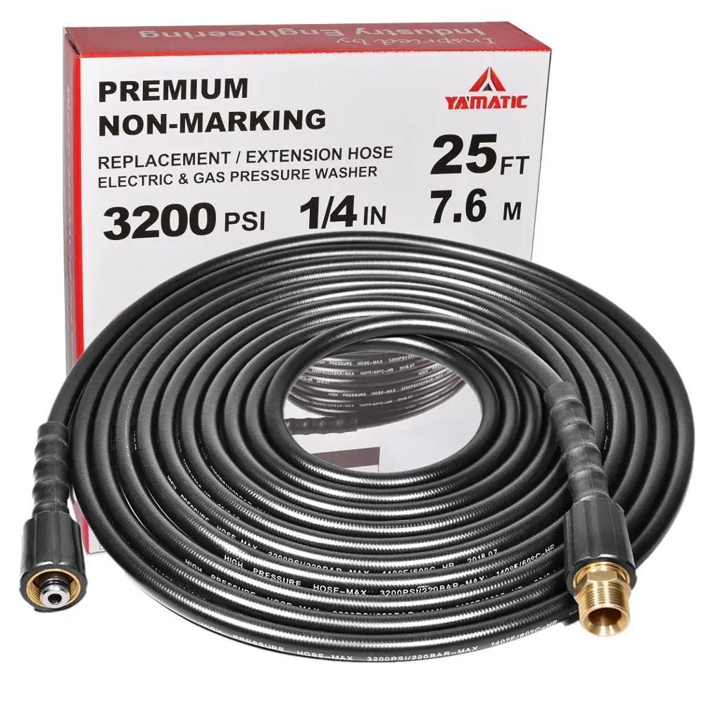 YAMATIC 3200 PSI 1/4"x 25 FT No-Kink High Pressure Washer Hose With M22-14mm Freebie Brass Fitting For Car Washer Water Cleaning