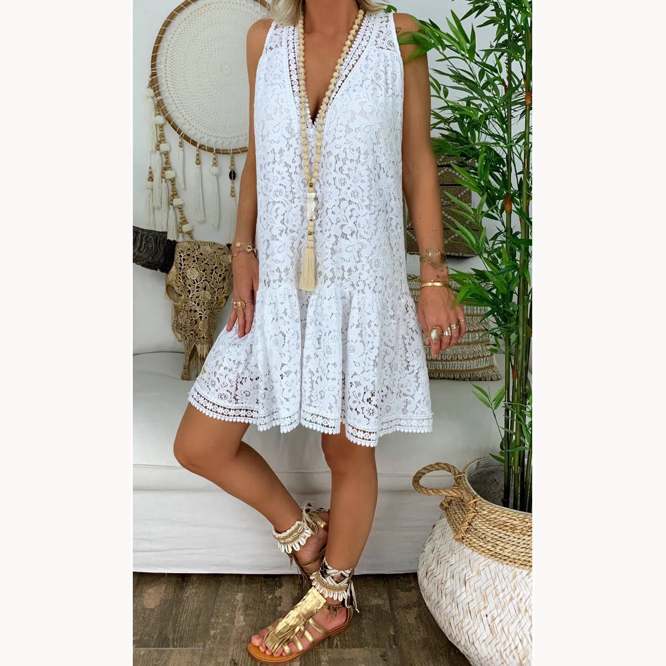 Женское летнее богемное белое кружевное платье размера плюс повседневное
