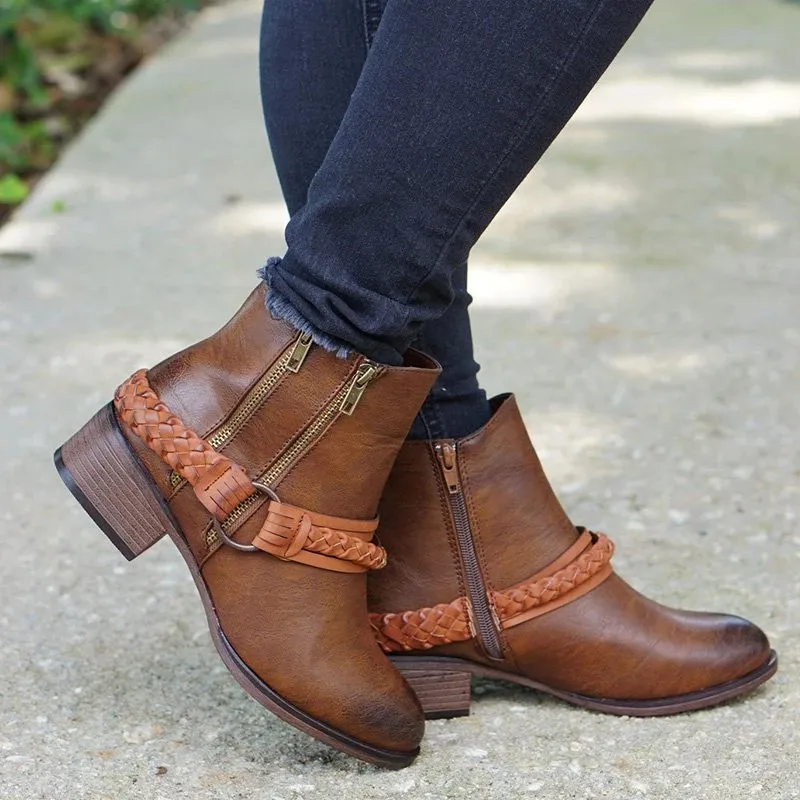 

women ankle boots round toe low heels matin shoes woman chaussure gladiator vintage PU leather booties wxz270