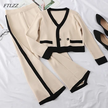 

FTLZZ New Women Knitted Two-piece Set Autumn New V-neck Coat Western Style Loose Leg Pants Contrast Color Suit