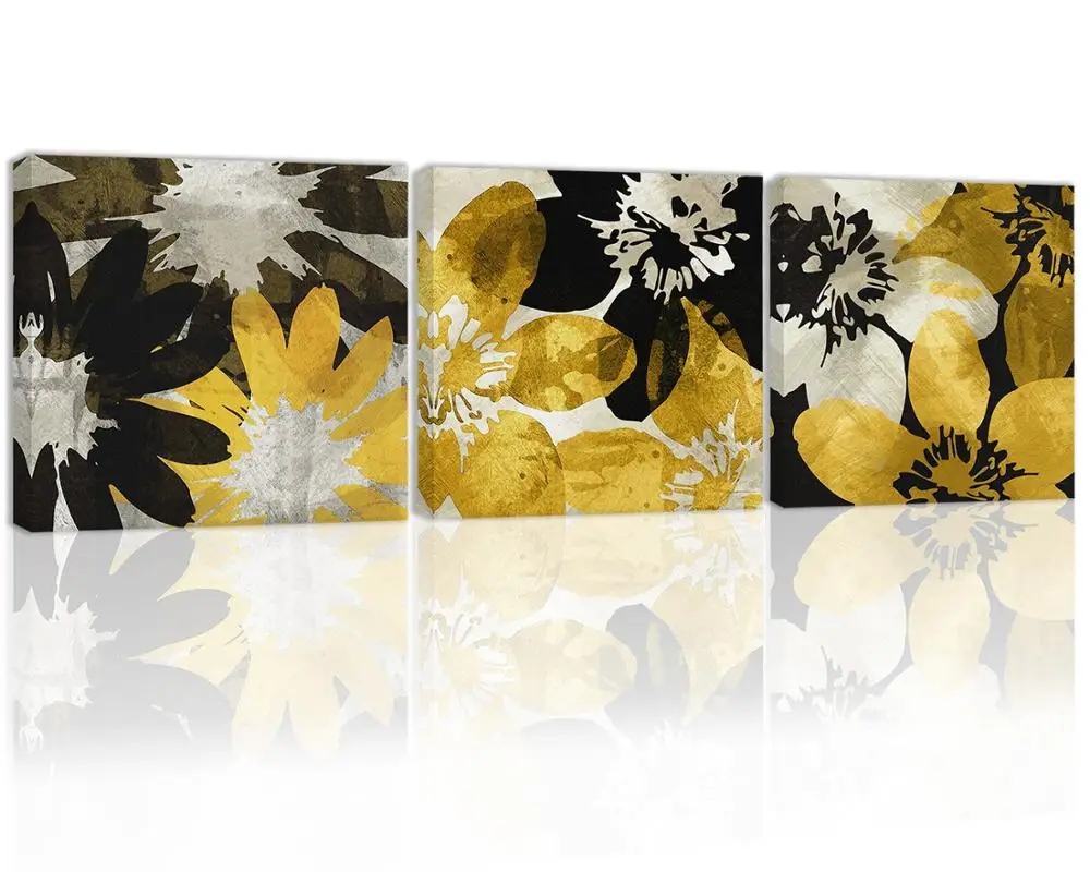 

Black and White Golden Flower Wall Art Decor Abstact Canvas Painting Kitchen Prints Pictures for Home Living Dining Room