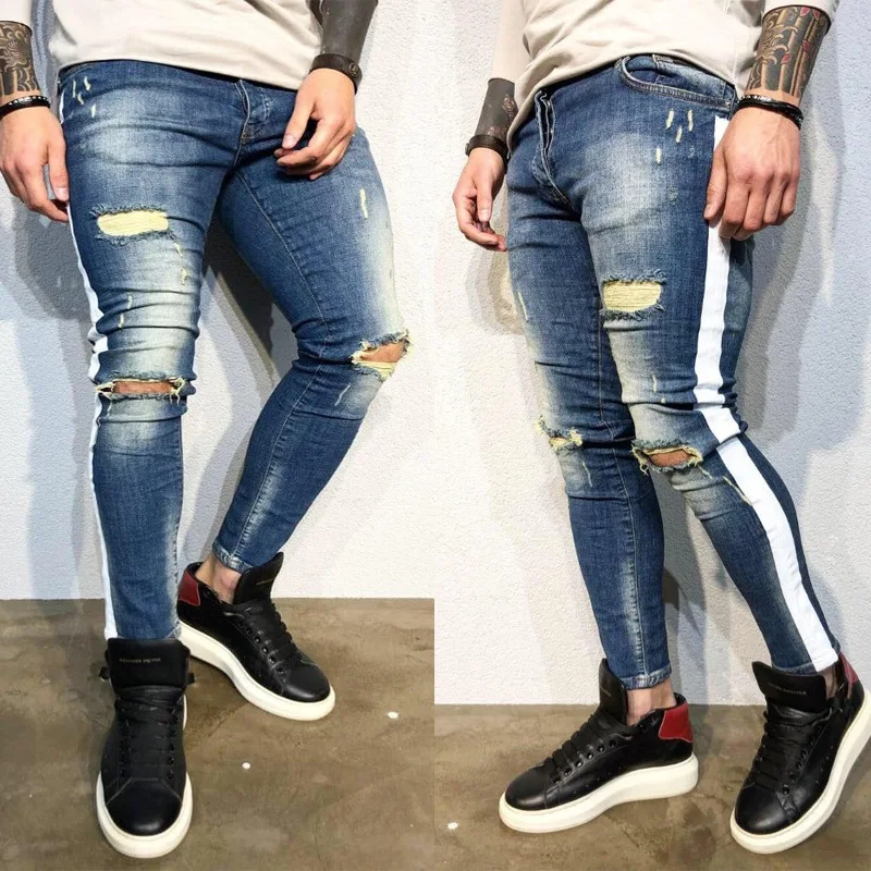 

1X men's ripped little leg jeans side white gentleman's pants jeans wholesale jeans custom wholesale jeans suppliers wholesale