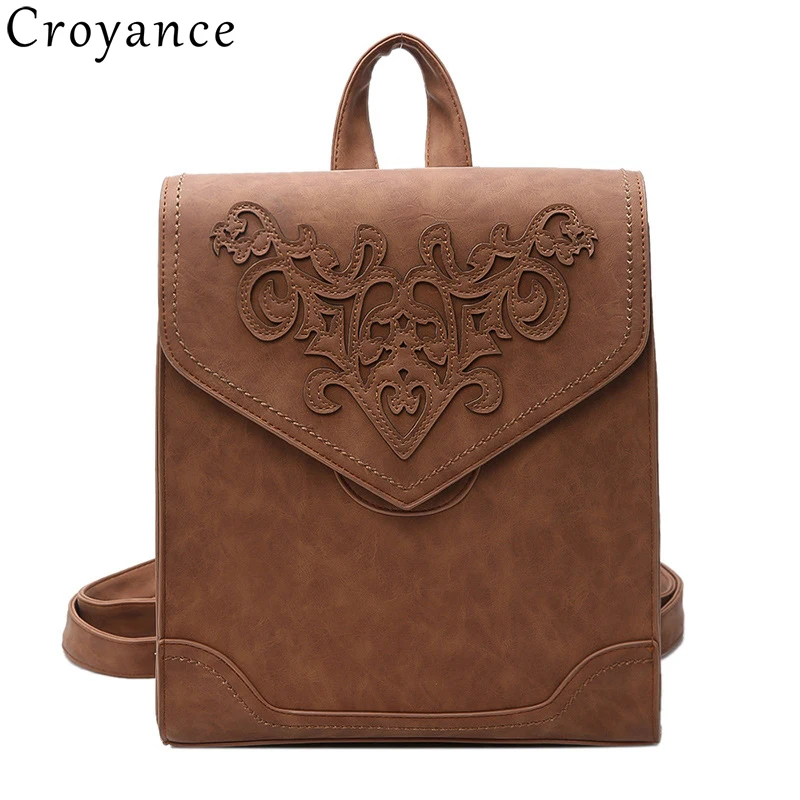 

Croyance Vintage Backpack Women PU Leather Shoulder Bag For Teenage Girls Multi-Function Bagpack Female Ladies School Knapsack