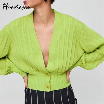 

Huaxiafan women cardigan solid color mohair sweater deep v-neck knitted sweaters female autumn winter batwing sleeve outwears