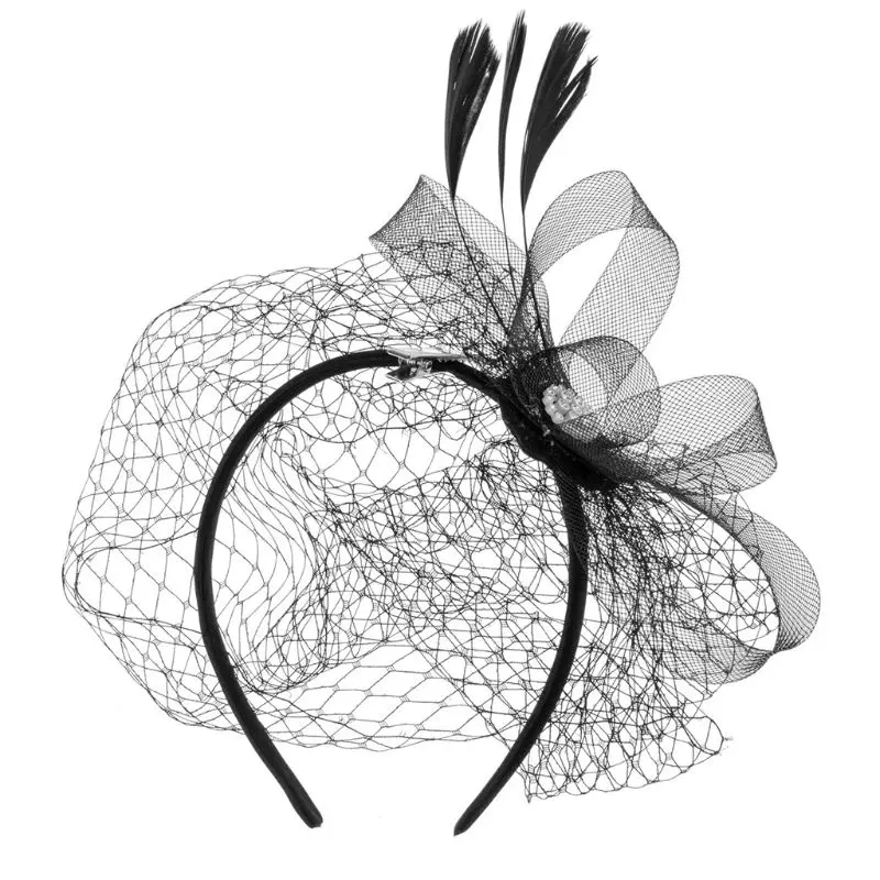 Women Fascinator Party Veil Feather Hairclip Hat Diamond Mesh Net Wedding Bridal Hairband Female Hair Decorative Accessories | Свадьбы и