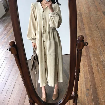 

Corduroy Long Dress Women Autumn Winter Vintage Elegant Lantern Sleeve Single Breasted Casual Midi Dress Pocket Loose Split V862