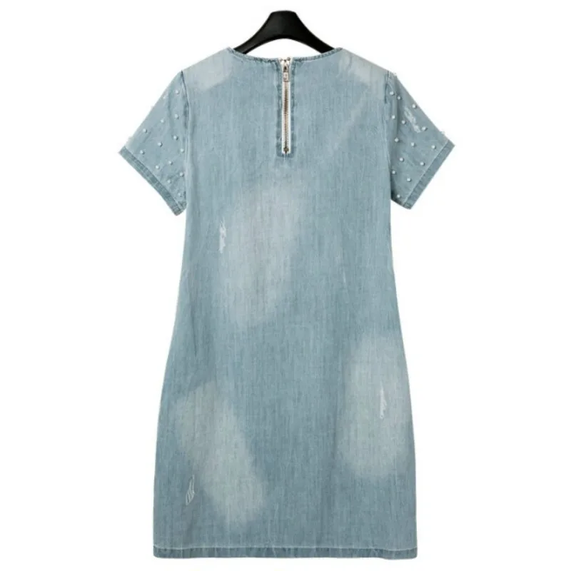 Hot Women's New Fashion Dress Washed Denim Beads Loose Short Sleeve Denim Dress Female