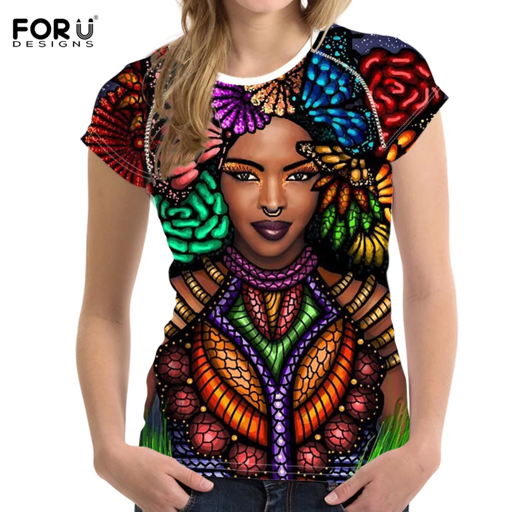 FORUDESIGNS/футболки для женщин красочные африканские queen Girl Face Art экзотические этнические стильные летние футболки для девочек повседневные футболки