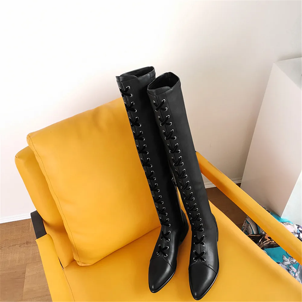 Karinluna Brand Genuine Leather Thigh High Boots Leisure Shoelaces Lady Chunky Heels Women Shoes Woman Over The Knee Boots