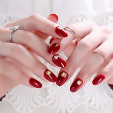Носите Кончики ногтей явный дух красный цвет заклепки поддельные ногти круглый носок средней длины маникюр патч Al57