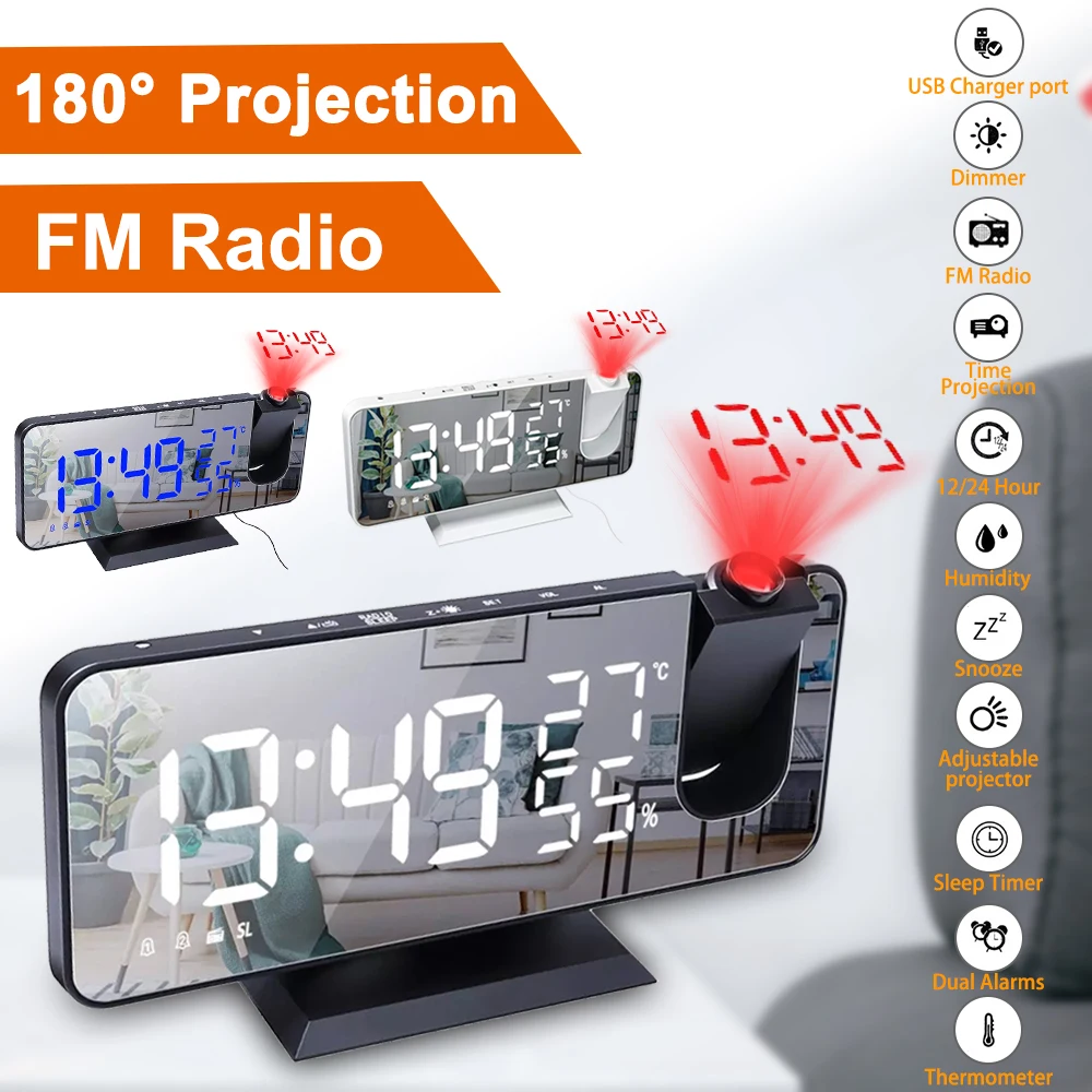 Despertador Digital LED de proyección reloj despertador electrónico de mesa con proyección Radio FM proyector de tiempo reloj para mesilla de noche y dormitorio