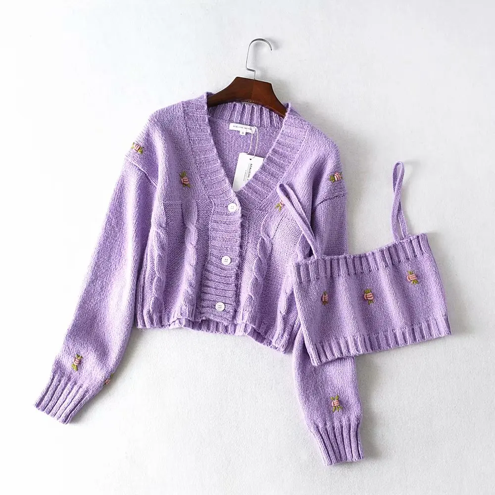 Bazaleas уличная одежда, укороченный топ с вышивкой и кардиган, винтажный Женский пуловер, harajuku, фиолетовый вязаный женский костюм, свитер для женщин - Цвет: 285 purple X42
