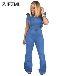 Monos vaqueros informales de talla grande para mujer, pelele azul con manga de mariposa y Espalda descubierta, mono de vendaje sin mangas con cremallera para fiesta