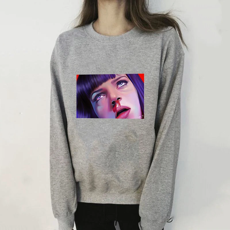 

Women Hrarjuku Hoodie New Pulp Fiction -saint Mia Print Crop Top Pink Gray Ladies Hoodies Sweatshirts Korean Fashion Clothes