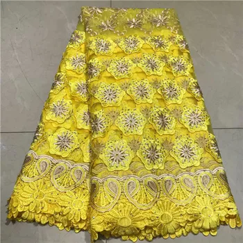 

Pretty yellow flower embroidery African net lace fabric apparel material French mesh cloth for making dress VRN237(5yards/pc)