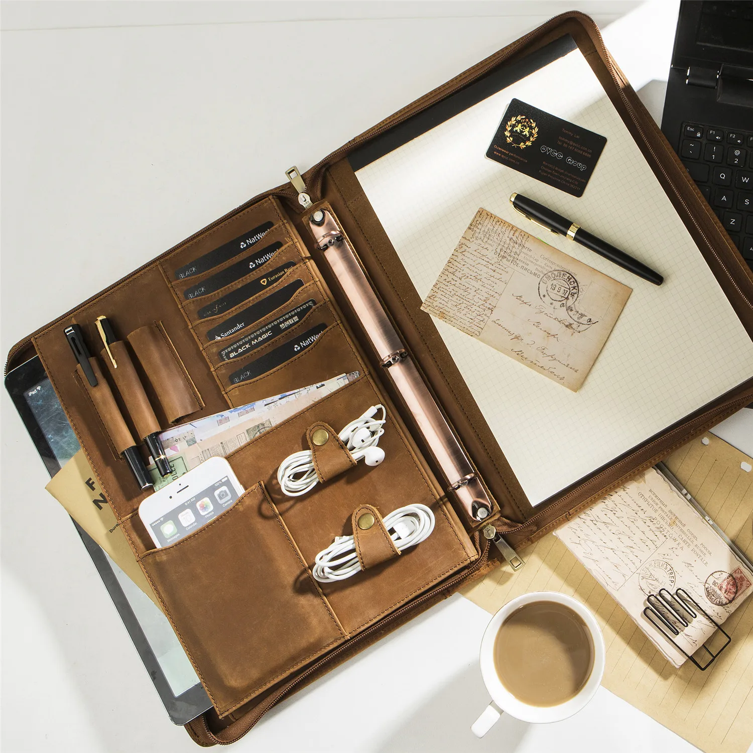 Ручной работы Винтаж натуральная кожа 3 кольцо папка для Портфолио A4 папки Бизнес