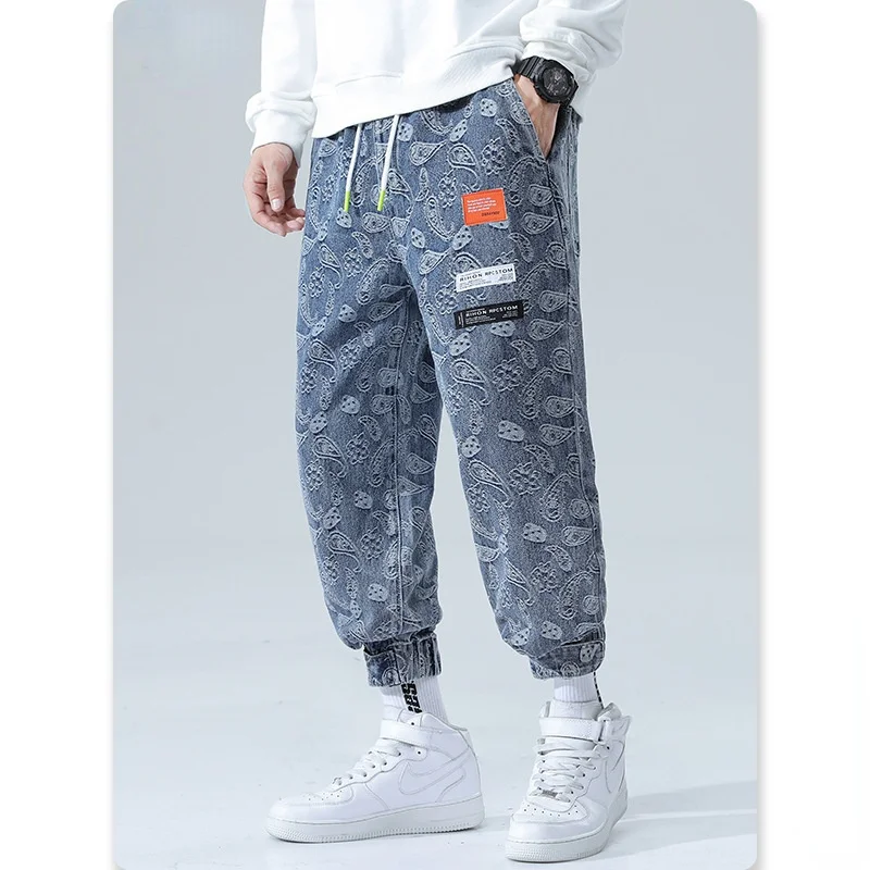 Retro Print Men Jeans  Autumn 2021New Elastic Waist Hip Hop Pants Japanese Streetwear Baggy Jeans Male Harajuku Casual Pants 5XL 1