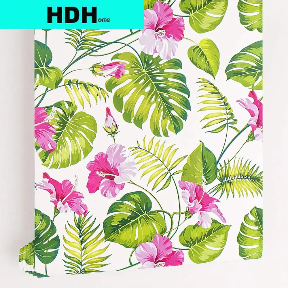 Floral Wallpaper Peel And Stick Green Leaf Self Adhesive Wallpaper Pink Flowers Waterproof Wall Paper Bedroom Home Decorative flowers plants rectangular name sticker gift packaging handwritten message self adhesive label sealing decorative sticker