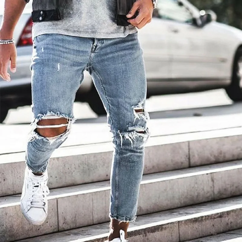 

Men Fashion Hole Jeans Ripped Skinny Distressed Destroyed Slim Fit Stretch Biker Jeans 2019 New Pants Male Autumn Denim Trousers