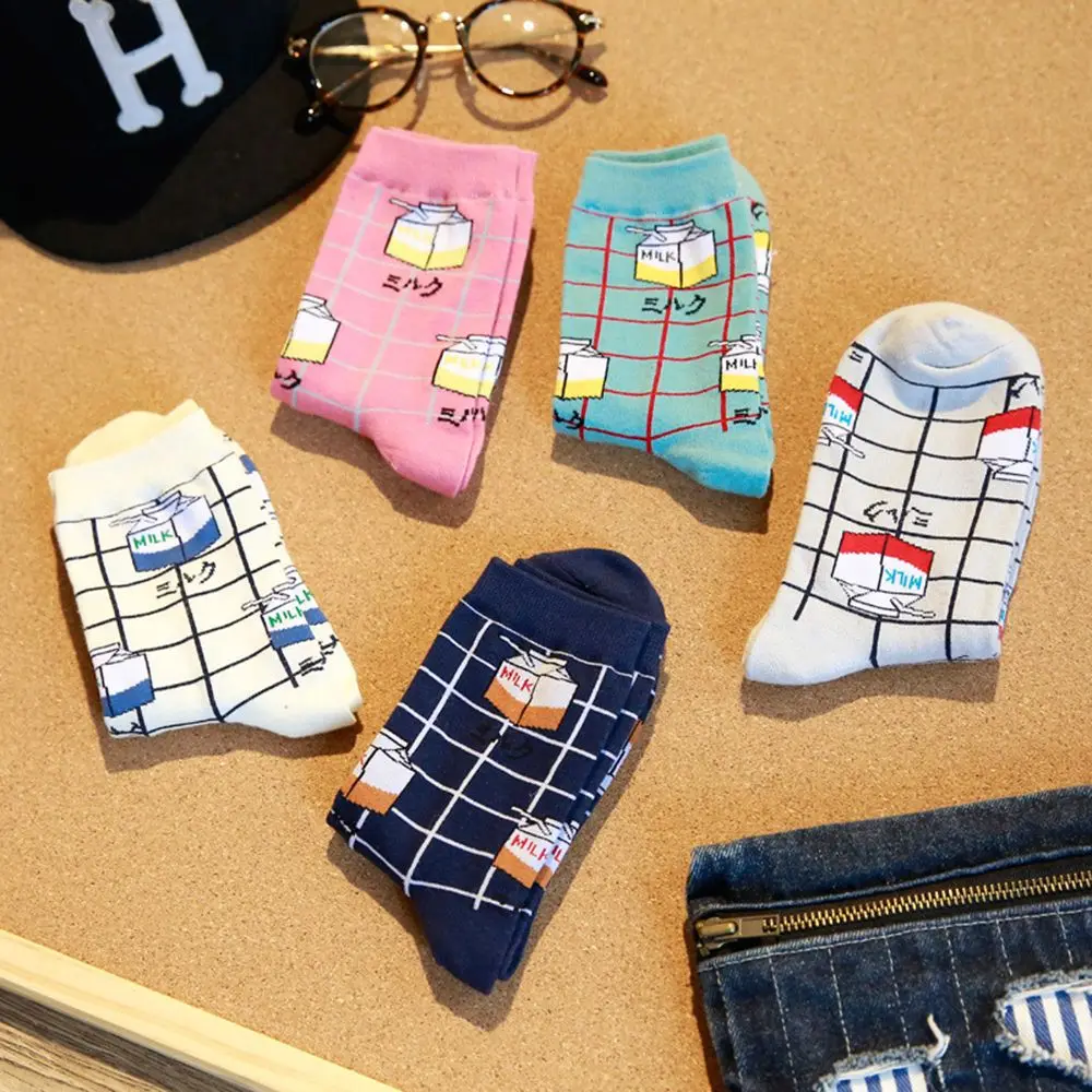 Забавные носки в японском стиле Модные женские носки с принтом «молоко» хлопковые носки с принтом «Счастливый» теплые зимние хлопковые носки до щиколотки, Лидер продаж