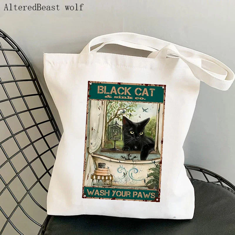 Women Shopper bag Black Cat And Sink Co. Wash Your Paws Bag Harajuku Shopping Canvas Bag girl handbag Tote Shoulder Lady Bag