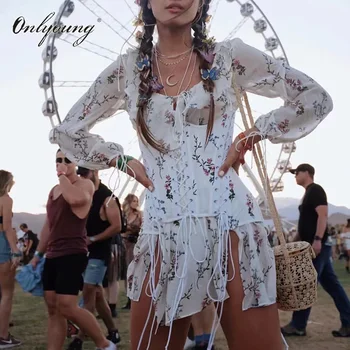 

Onlyoung 2020 Summer Women Floral Mini Dress Long Sleeve Sexy Lace Up Split Print Chiffon Dress