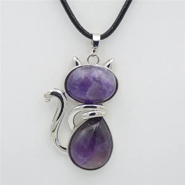 Amethysts Для женщин и девочек милый Кот форма натуральные каменные подвески, ожерелья Рок розовый с кварцевым тигровым глазом Lapis бусины Веревка Цепь рейки ювелирные изделия - Окраска металла: Amethysts