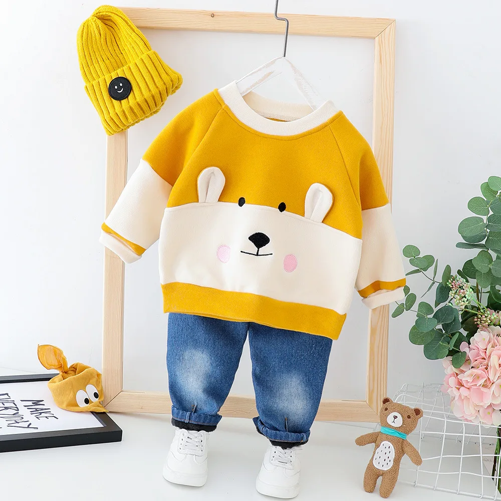 

Winter 2019 New Children's Cartoon Animal Face Sweater Suit Korean kid's Composite Velvet Two Piece Set boy clothes 1-3T
