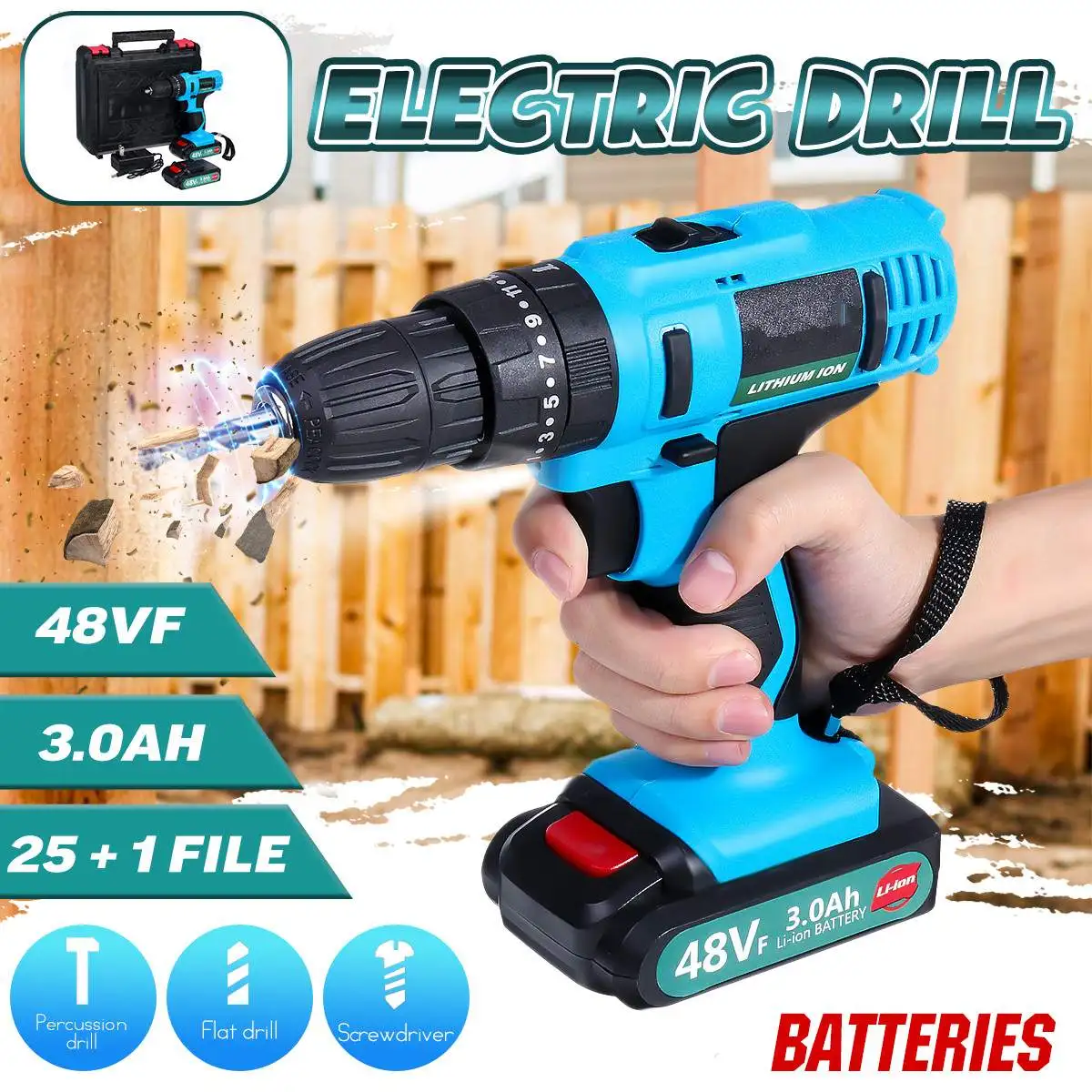 

200W 48VF Cordless Electric Screwdriver Drill Li-Ion Battery Handheld Rechargeable Drill Impact Power Driver With LED Lighting