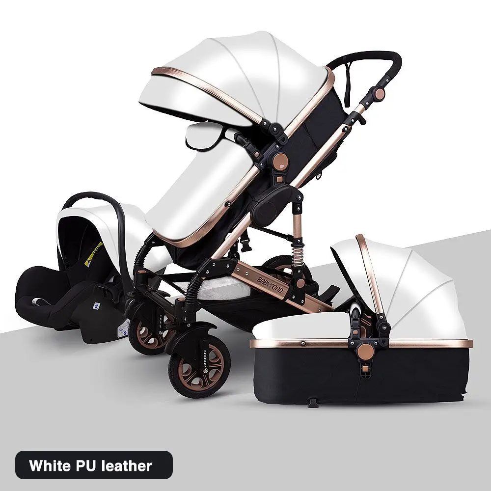Детская коляска 3 в 1 Babyfond с высоким пейзажем, коляска из искусственной кожи, рама из алюминиевого сплава, складывающаяся коляска для новорожденных - Цвет: white PU