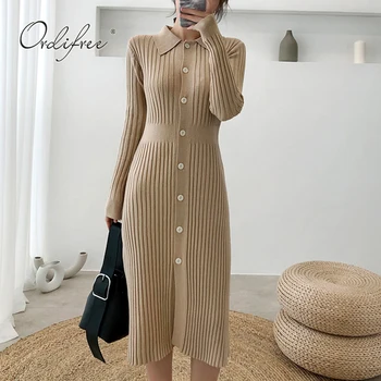 

Ordifree 2019 Autumn Winter Women Knitted Sweater Dress Single Breasted Elegant Lady Slim Midi Dress