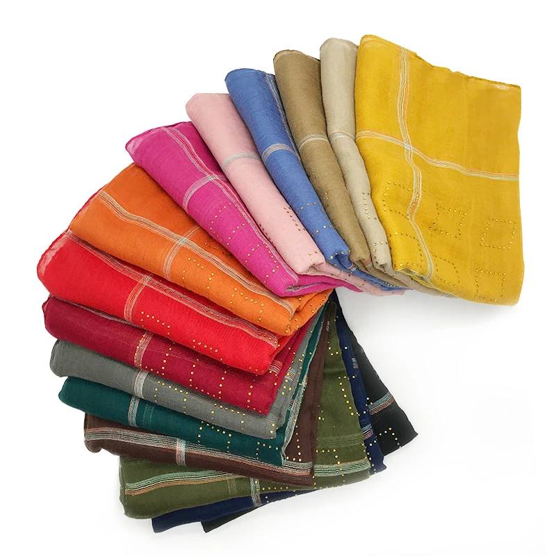 

Women scarf hot rhinestone hijabs plaid yarn-dyed viscose solid shawl muslim New design plain head wraps elegant 10pcs/lot