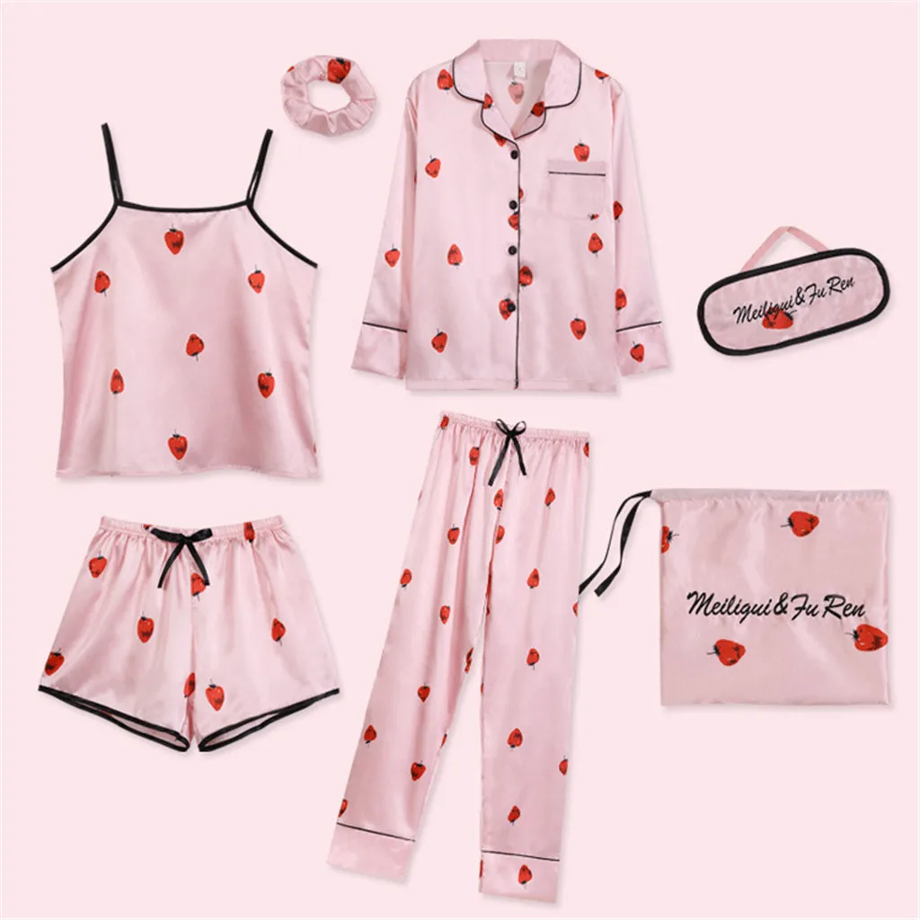 

7 PCs Autumn Winter Women Loose Satin Sleepwear Pajamas Set Fashion Print Nightwear Set Pyjama Set Pijama Mujer 2019 Hot Sale Y