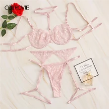 COLROVIE розовый цветочный кружевной подвязка комплект нижнего белья с чокером Женский нижнее белье на косточках прозрачный бюстгальтер и стринги женские сексуальные наборы